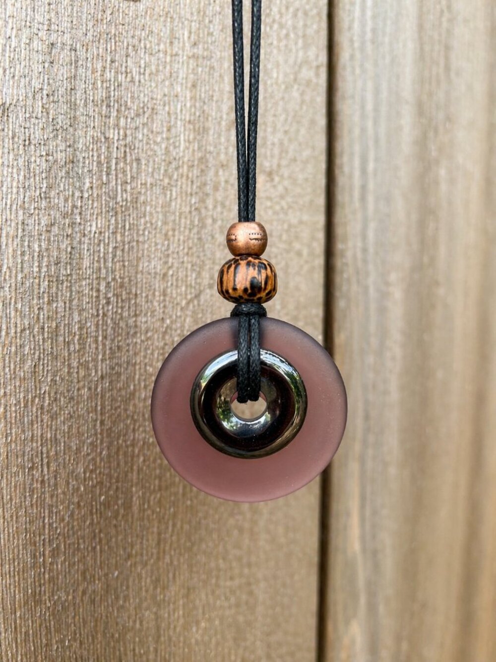 Hematite and Purple Sea Glass Pendant | Handmade - Picture 4 of 6